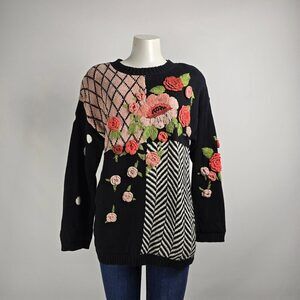 Vintage Carole Little Black Cotton Floral Embellished Knit Sweater Size M
